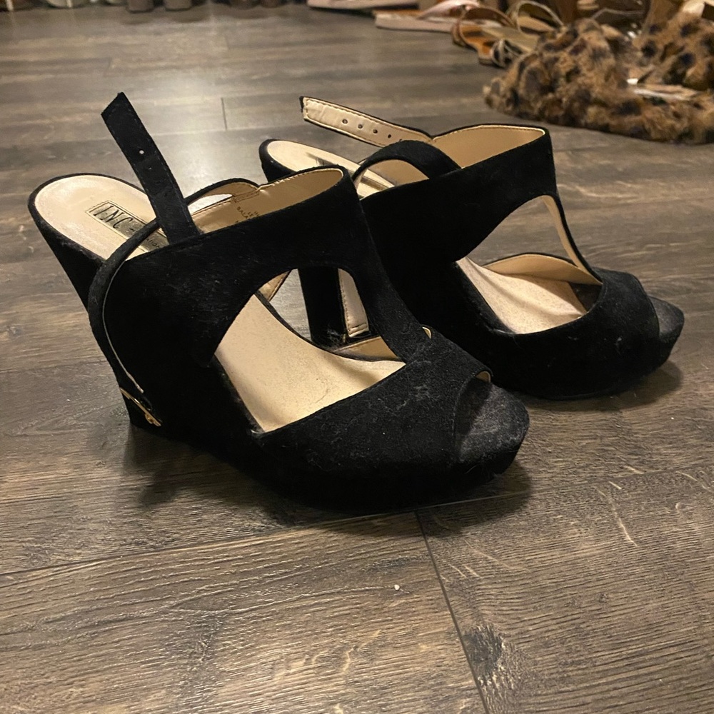 INC black suede wedge sandal. Never worn perfect condition